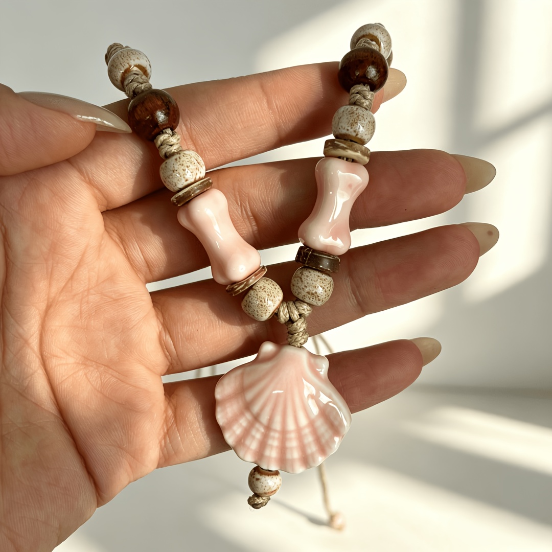 Bohemian Beach Style Ceramic Scallop Weave Necklace